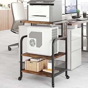 Amyove Printer Stand with Charging Station, Large Printer Table with Adjustable Storage Shelf, 3 Tier Office Rolling Printer Stand with Wheels for Home Office, Fax Machines, Scanners, Rustic Brown