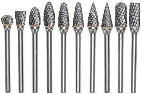 Yakamoz 10 Pieces Double Cut Tungsten Steel Solid Carbide Rotary Burrs Set with 1/8"(3mm) Shank Twist Drill Bit for Woodworking