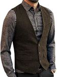 Zeattall Men's Herringbone Tweed Wool Suit Vest Single Breasted Slim Fit Waistcoat Vest, Coffee, Large