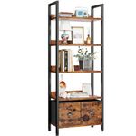 Furologee 5-Tier Bookshelf, Tall Bookcase with 2 Storage Drawers, Industrial Display Standing Shelf Units, Wood and Metal Storage Shelf for Living Room, Bedroom, Home Office, Rustic Brown