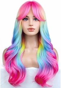 BERON Rainbow Ombre Wigs Long Wavy Wig for Women with Bangs Colorful Ombre Costume Curly Heat Resistant Synthetic Hair Wigs for Cosplay or Daily