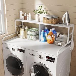DWVO 2-Tier Washer Dryer Countertop with Shelf, 53" W x 27.6" D with with 2.8" Edge Rails & 2 Hooks, Laundry Countertop for Organization, Washer and Dryer Topper, White