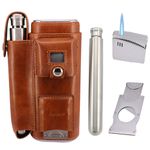 AMANCY Luxury 2 Holder Brown Leather Portable Cigar Case Gift Set,Contained 2 Oz Stainless Steel Flask with Lighter and Cutter