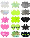 CICKEE Pasties Rave Neon Nipple Covers Sexy 15 Pairs Glitter Fun Pasties Pack Pasty Bra Boob Cover Festival Cake Body Boob Covering Cat Alien-Glow in The Dark Green-Hot Pink