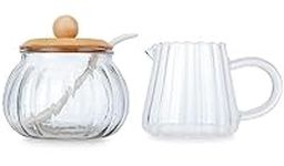 3 Piece Glass Sugar and Creamer Set, Kitchenexus Sugar Bowl with Lid and Spoon and Cream Pitcher，Milk Jug Cup 7oz and Sugar Jar 8oz for Coffee Serving Gift