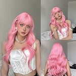 Creamily Pink Wig With Bangs Long P