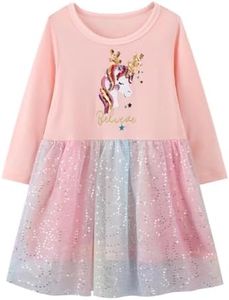 Hongshilian Girls Cartoon Dress Applique Party Dresses Casual Jersey Cotton Long-Sleeved, Unicorn&sequin, 4 Years