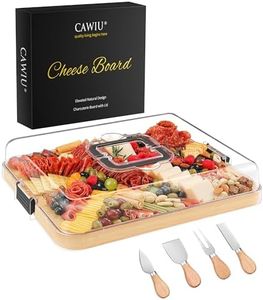 CAWIU Portable Travel Charcuterie Board with Lid and Handle - Large Bamboo Cheese Board with 4 Cheese Knife Set for Outdoor, Picnics - Weddings, House Warming Gift for Women (1 Compartment, Black)
