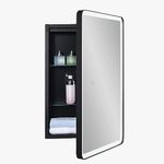 IDYLLOR Lighted Bathroom Medicine Cabinet with Round Corner Framed Mirror Door 15 x 25 inch, Right Hand Opening, Recessed or Surface Mount, with Adjustable Glass Shelves