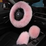 3Pcs Set Fashion Fluffy Fuzzy Wool Fur Soft Car Steering Wheel Cover with Handbrake Cover & Gear Shift Cover for Women/Girls/Ladies Auto Long Wool Accessories