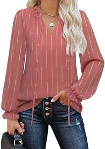 Gaharu Womens Business Casual Blouses Ruffle V Neck Work Dressy Shirts Long Sleeve Chifffon Tunic Tops, Pink Stripe, Large