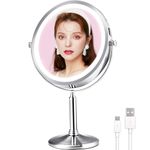 VESAUR 4000mAH Rechargeable Lighted Makeup Mirror, 1X/10X Magnifying Travel Mirror with Detachable Base, 8-inch Vanity Mirror with 3 Colors Lights Dimmable, 360°Rotation, Senior Nickel, Gift packaging