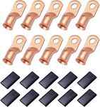 10 Pcs 3/8" Ring (M10) Heavy Duty Copper Wire Lugs Battery Cable Ends Bare Copper Eyelets Tubular Ring Terminal Connectors Assortment Kit, 3/0 AWG Crimp Wire Ring Lugs with 10pcs Heat Shrink Set