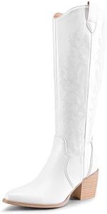 DREAM PAIRS Womens Wide Calf Cowboy Boots, Comfortable Pull On Zipper Chunky Heel Pointed Toe Embroidered Western Cowgirl Knee High Boots, White-Wide, Size 6.5, SDKB224W-W