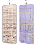 bagsmart Dual-sided Jewellry Organizer Hanging with Metal Hooks,32 Pockets and 3 Wave-Shaped Hooks,Jewelry Roll for Earrings,Necklaces,Rings on Closet,Wall,Door,1 Piece,Large,Light Purple