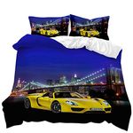 Loussiesd 3 Pieces Bedspread Cover Set Double Size for Kids Child 3D Printed Duvet Cover Boy's Sport Comforter Cover with 2 Pillowcases Soft Microfiber Zipper 3 Pcs City Sports Car Yellow