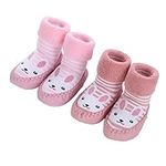 Gavena 2 Pairs of Baby Girl Slipper Socks Indoor Toddler Girls Slippers Combed Cotton Fluffy Newborn Warm Soft Sole Anti-Slip Baby Kids Slip On Socks Shoes, Rabbit Rose/Pink, 18-24 Months