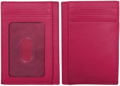 ili New York Genuine Leather Slim RFID Card Holder for Men - 7 Slots, Clear ID Window with Thumb Slide, Compact 4.5" x 3", Minimalist Credit Card Holder for Front or Back Pocket - Indian Pink