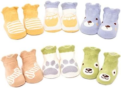 Kisgyst 6 Pairs Baby Non Slip Grip Cotton Animal Ankle Socks with Non Skid Soles for Newborn Toddler Boy Girl, Dog Bone Bear Honey Set, 6-24 Months