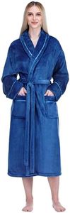 PAVILIA Robes For Women, Fleece Soft Fluffy Bathrobe, Plush Cozy Long Spa Robe, Satin Trim (L/XL, Blue)