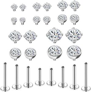 BodyAce 16G 18G Internal Thread Lip Jewellery, Flat Back Earrings Surgical Steel Labret Studs, 2/2.5/3/4/5mm CZ Nose Stud Cartilage Piercing for Medusa/Monroe/Tragus/Helix, Stainless Steel Crystal