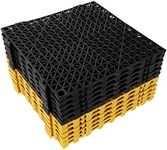 12 Pack Modular Interlocking Cushion 12”x 12” Flooring Tiles Mat Non-Slip Drain Pool Shower Mat Waterproof Splicing Floor Drainage Tiles for Deck Patio Garage Balcony Bathroom Wet Area (Black, Yellow)