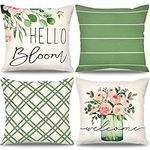 Dremisland Set of 4 Decorative Throw Pillow Covers 18x18 Summer Green Plant Pillowcases Diamond Stripes Farmhouse Linen Pillows Cushion Covers for Couch Bed Living Room Car