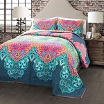 Lush Decor Boho Chic Reversible Cotton Quilt 3-Piece Set, King, Turquoise & Navy - Bright Paisley Print, Vibrant & Colorful Bohemian Bedding Set