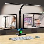 AKRRYR LED Desk Lamp Home Office, Double Head 24W Lampe de Bureau with USB Charging Port & Wireless Charger, Architect Desk Light 5 Lighting 5 Brightness Flexible Gooseneck for Computer Study
