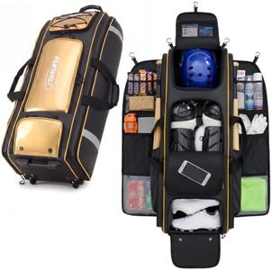 Fanwoli 100L Rolling Baseball Catchers Gear Bag, 5-Hook Dugout Organizer