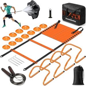 Agility Ladder Speed Training Equipment Set-20ft Agility Ladder,12 Soccer Cones,4 Hurdles, Jump Rope, Running Parachute| Basketball Football Soccer Training Equipment for Kids Youth Adults (Orange)