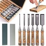 HAWERK Wood Chisel Sets - Wood Carving Chisels with Premium Wooden Case - Includes 6 pcs Wood Chisels & 2 Sharpening Stones