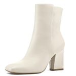 mysoft Women's GoGo Ankle Boots Square Toe Side Zipper Chunky Block Heel Mid Calf Low Heeled Short Booties, Cream Pu, 8.5