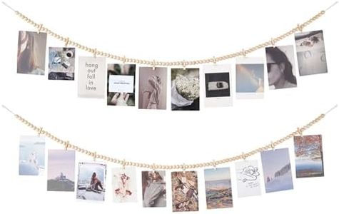 Mkono Hanging Photo Display with Clips, Boho Wooden Bead Garland Banner, Collage Card Picture Kids Art Holder String with 9 Clips for Bedroom Living Room Dorm Decor, Teen Girl Gifts, Brown, 2 Pack