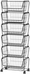 PUSDON Stackable Metal Storage Carts, Dual Use Shelf for Kitchen Fruit Vegetable Baskets with Wheels, Storage Rack for Living Room, Home & Office, Standard Black 6 Tiers