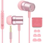 AzukiLife Wired Earbuds for Kids, Cute Earphones with Mic, Deep Bass In Ear Headphones and Quality Sound, Lightweight Corded Ear buds with Carrying Case, for School Girls Sports - Pink