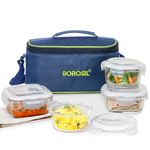 Borosil Klip n Store Universal Lunchbox | Set of 4 (320ml x 2 Square + 240ml x 2 Round), Borosilicate Glass | Microwave & Dishwasher Safe, Leakproof | Tiffin for Office/School/College | Transparent