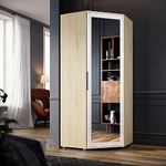 ELEGANT Corner Large Mirrored Wardrobe with 2 Hanging Rails and 5 Storage Shelves, Modern White Oak High Gloss & Matt Bedroom Closet Storage, Space Saving Design…