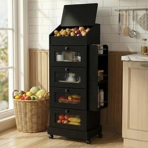 ARTETHYS Potato and Onion Storage Bin for Pantry 5-Tier Rolling Fruit and Vegetable Organizer with Spice Rack on Wheels Movable Large Bread Box Cabinet with 4 Ventilated Drawers for Kitchen, Black
