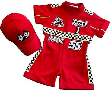 Costumes Club Handmade Race Car Driver Costume for Toddlers - Halloween Costume, Cars Boys Racing Outfit, Toddler Racer Suit, Kids Jumpsuit with Hat, Baby Racer Costume (2T, Red & Gold)