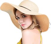 CLOTHERA Summer Big Brim Floppy Straw Beach Hats For Women (Beige) (Black Thread), Free Size