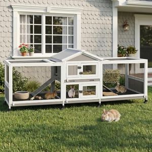 PetsCosset 93"L Double Rabbit Hutch with Dual Runs,2-Story Large Bunny Cage
