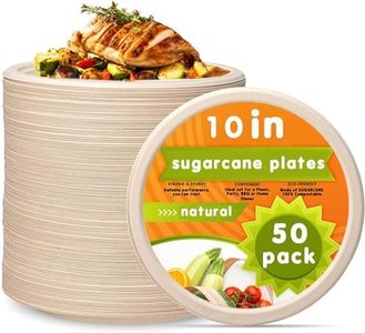 100% Compostable Sugarcane Plates [50-Pack] - (PFAS-Free) - (BPI Certified) - [10 Inch] Heavy Duty, Eco-Friendly, Biodegradable Bagasse Dinner Platters - Natural White 10" Round Plates