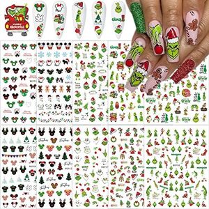 10 Sheets Christmas Nail Art Stickers 3D Nail Art Decals Green Monster Cartoon Nail Decals Self-Adhesive Design Nail Art Supplies Holiday Nail Stickers Winter Christmas Party Nail Decoration for Women