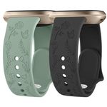 2 Pack Rose Butterfly Engraved Compatible with Fitbit Versa 3 Straps/Fitbit Versa 4 Strap/Fitbit Sense Strap/Fitbit Sense 2 Strap for Women,Soft Sport Replacement Strap for Fitbit Versa 4/3/Sense 2(E)