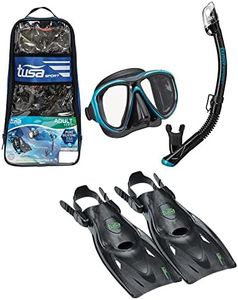 TUSA Sport Adult Powerview Mask, Dry Snorkel, and Fins Travel Set, Large, Black/Ocean Green, UP-2521B-BKOG-L