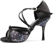 PortDance Ladies Dance Shoes PD801 Pro - Black Satin/Glitter Multicolor- 3" Stiletto Heel - Made in Portugal, Black, 6.5