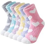 Niorasen Fluffy Socks for Women and Girls, Soft Warm Cosy Bed Slipper Socks, Thick Comfy Plush Fuzzy Socks, Winter Gift Home Cabin, Size UK 4-8, 6 Pairs Multicolor Heart