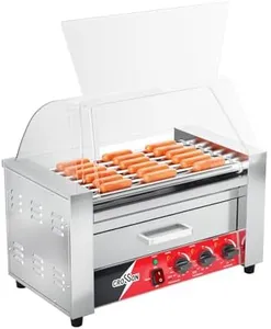 CROSSON Hot Dog 7 Roller with Bun Warmer&Transparent Sneeze Guard,Commercial 7 Nonstick 304 Roller Grill Cooker Machine