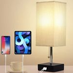 Bedside Table Lamp - Soilsiu Bedroom Lamp with 2 USB Ports Solid Wood Nightstand Lamps with Gray Fabric Shade Ambient Light for Living Room, Kids Room, Dorm, Office (LED Bulb Included)